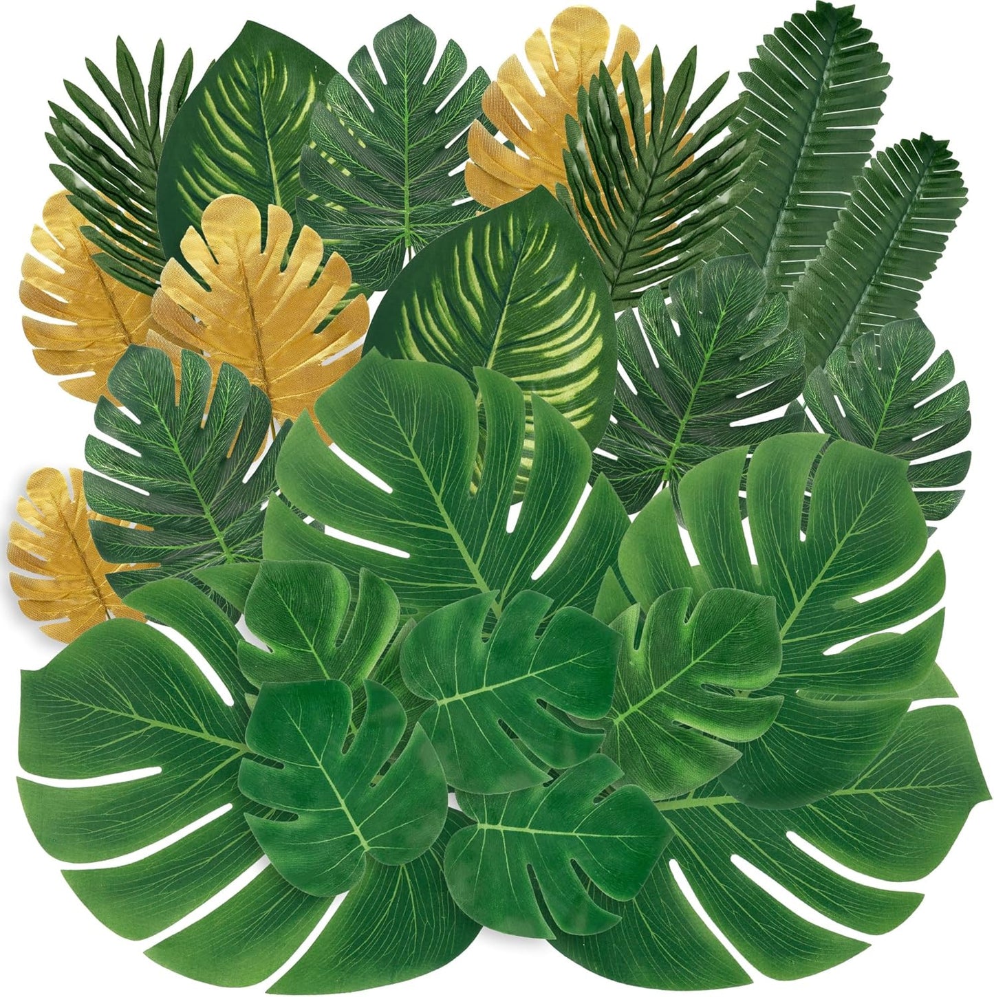 110 Pieces 11 Kinds Artificial Tropical Palm Leaves Tropical Leaves Monstera Leaves Safari Jungle Leaf with Stems for Hawaiian Luau Party Table Wedding Shower Birthday Theme Decorations