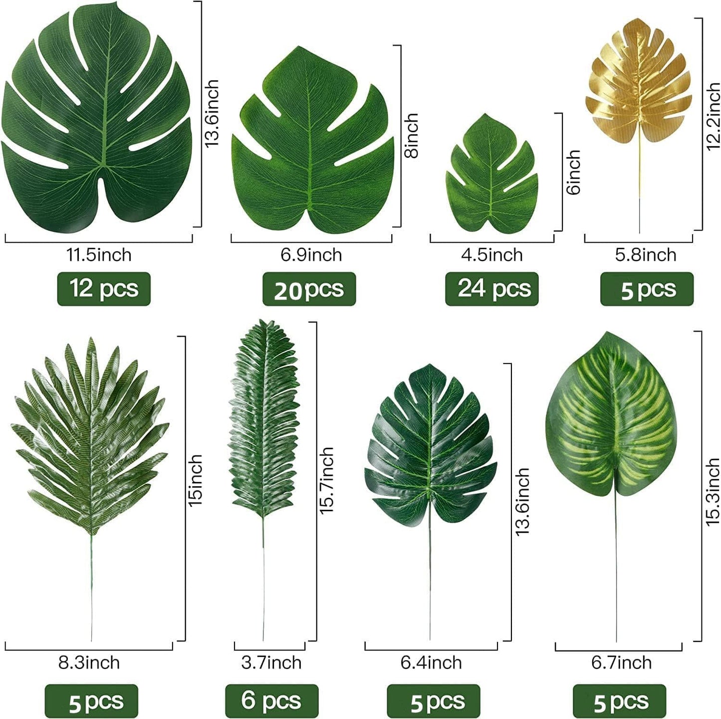110 Pieces 11 Kinds Artificial Tropical Palm Leaves Tropical Leaves Monstera Leaves Safari Jungle Leaf with Stems for Hawaiian Luau Party Table Wedding Shower Birthday Theme Decorations