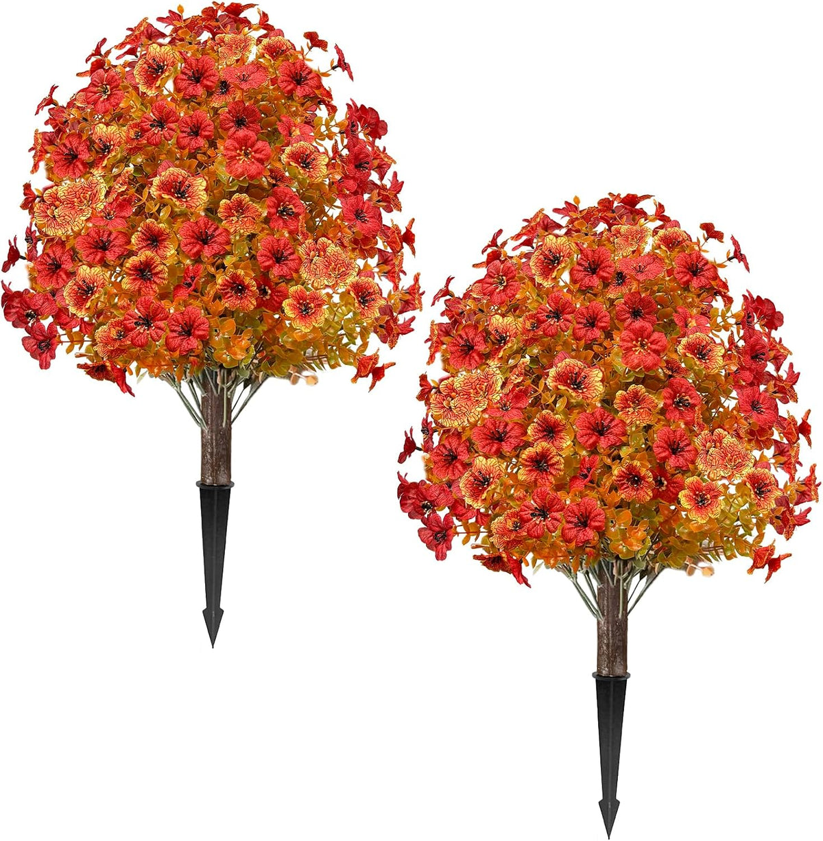2 Pack Fall Artificial Mums Topiary Ball Tree with Ground Spike Boxwood 25" UV Resistant Fake Greenery Shrub Faux Violet Plant Fall Decorations Flower for Garden Yard Porch Patio Autumn Outdoor Decor