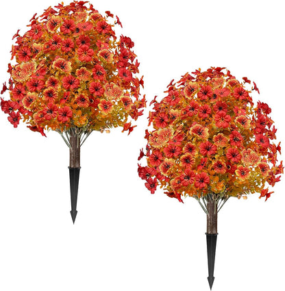 2 Pack Fall Artificial Mums Topiary Ball Tree with Ground Spike Boxwood 25" UV Resistant Fake Greenery Shrub Faux Violet Plant Fall Decorations Flower for Garden Yard Porch Patio Autumn Outdoor Decor