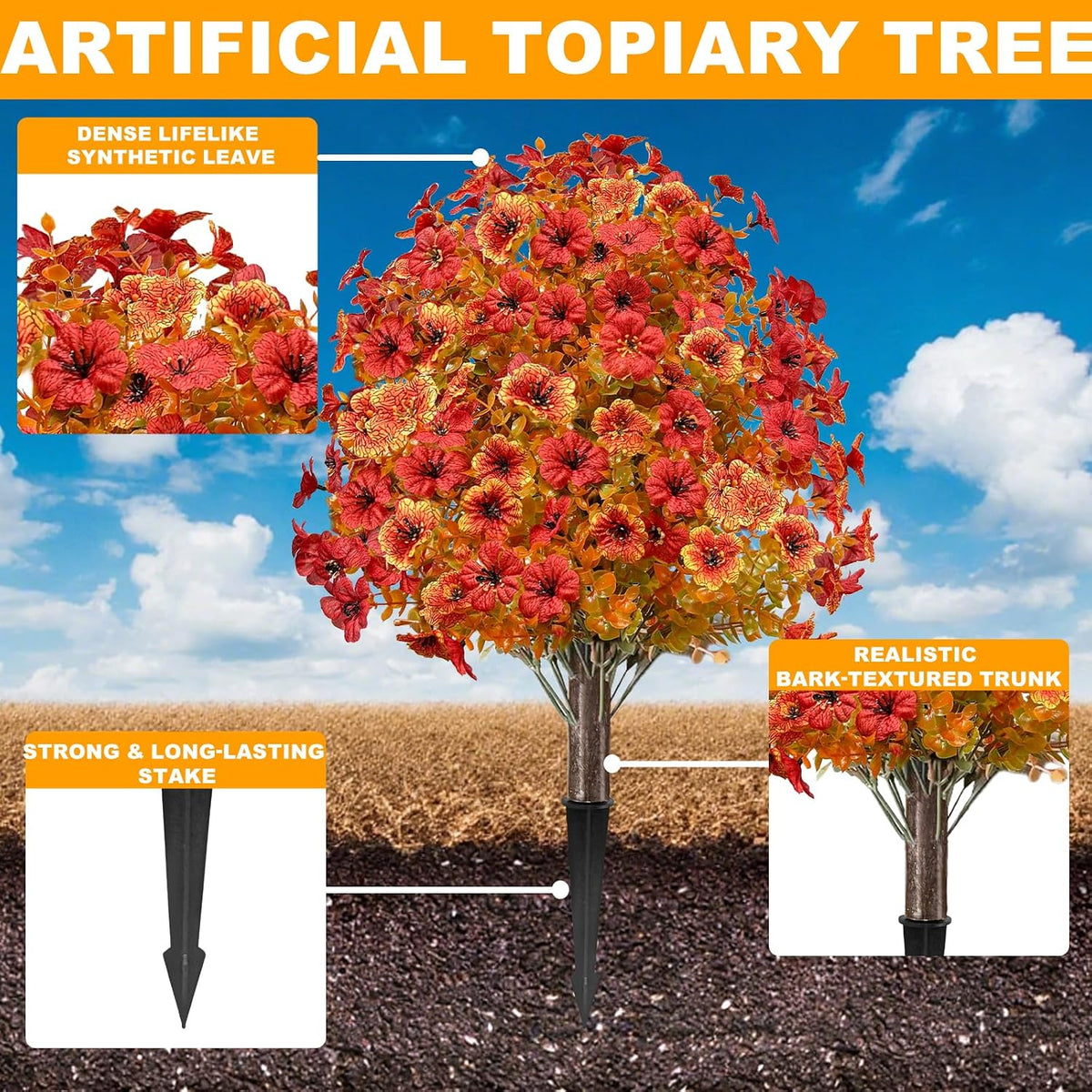 2 Pack Fall Artificial Mums Topiary Ball Tree with Ground Spike Boxwood 25" UV Resistant Fake Greenery Shrub Faux Violet Plant Fall Decorations Flower for Garden Yard Porch Patio Autumn Outdoor Decor