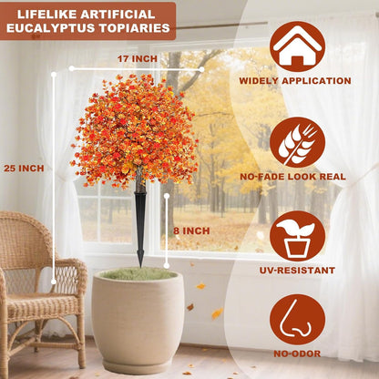 2 Pack Fall Artificial Mums Topiary Ball Tree with Ground Spike Boxwood 25" UV Resistant Fake Greenery Shrub Faux Violet Plant Fall Decorations Flower for Garden Yard Porch Patio Autumn Outdoor Decor