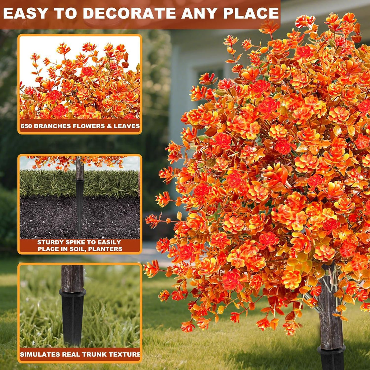 2 Pack Fall Artificial Mums Topiary Ball Tree with Ground Spike Boxwood 25" UV Resistant Fake Greenery Shrub Faux Violet Plant Fall Decorations Flower for Garden Yard Porch Patio Autumn Outdoor Decor