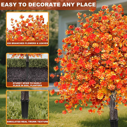 2 Pack Fall Artificial Mums Topiary Ball Tree with Ground Spike Boxwood 25" UV Resistant Fake Greenery Shrub Faux Violet Plant Fall Decorations Flower for Garden Yard Porch Patio Autumn Outdoor Decor