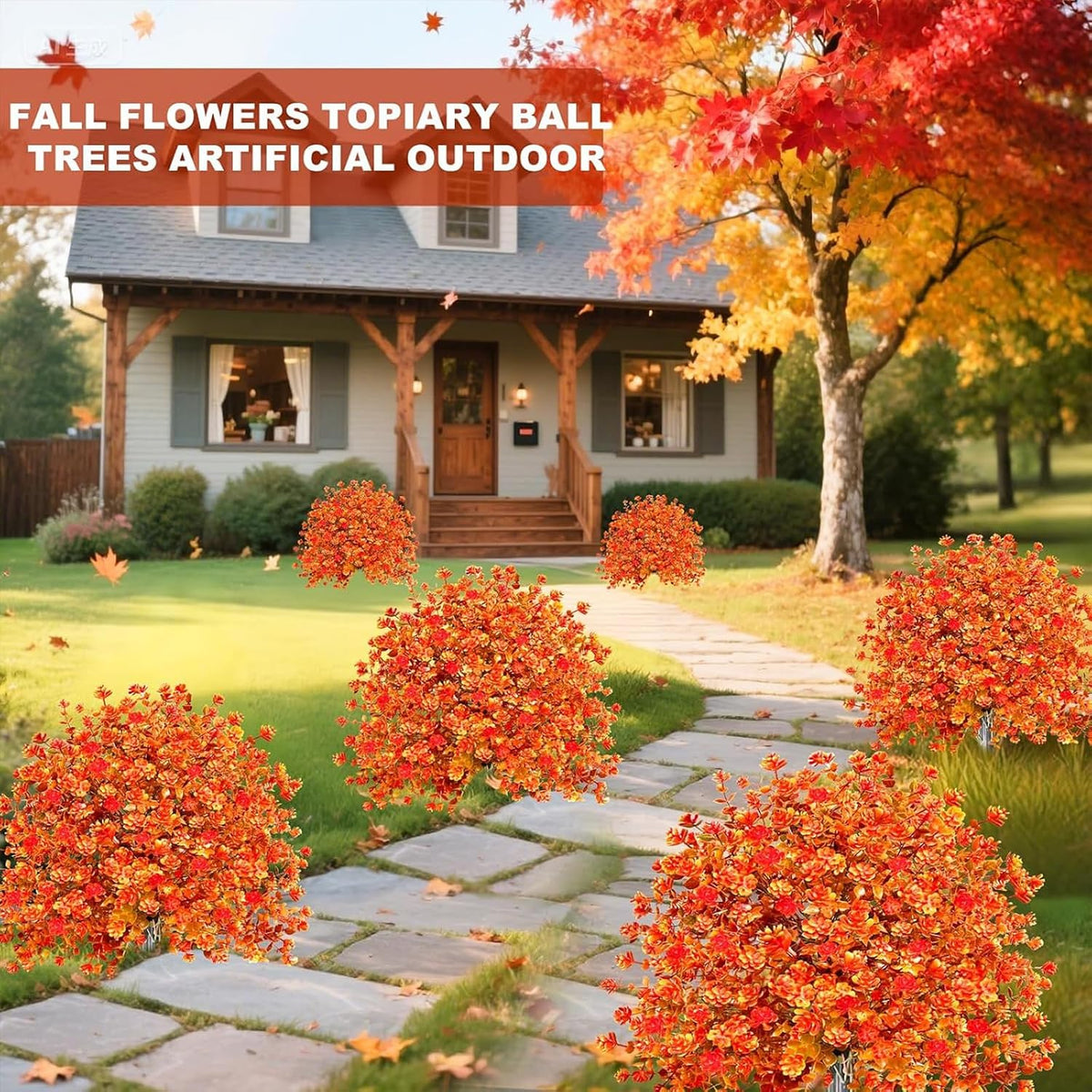 2 Pack Fall Artificial Mums Topiary Ball Tree with Ground Spike Boxwood 25" UV Resistant Fake Greenery Shrub Faux Violet Plant Fall Decorations Flower for Garden Yard Porch Patio Autumn Outdoor Decor