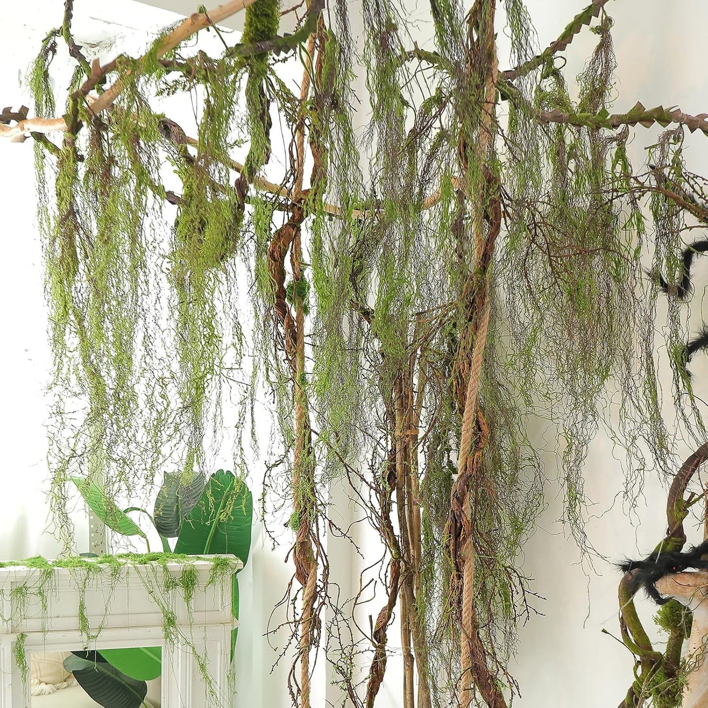 63inch Curly Faux Weeping Willow Tree Branches Hanging Moss Halloween Decor | Artificial Twisty Wood Curtain Spooky Fall Long Vine Green Twigs Garland For Wall Jungle Fireplace Patio Porch Decoration