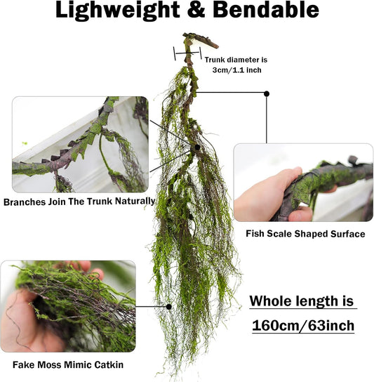 63inch Curly Faux Weeping Willow Tree Branches Hanging Moss Halloween Decor | Artificial Twisty Wood Curtain Spooky Fall Long Vine Green Twigs Garland For Wall Jungle Fireplace Patio Porch Decoration