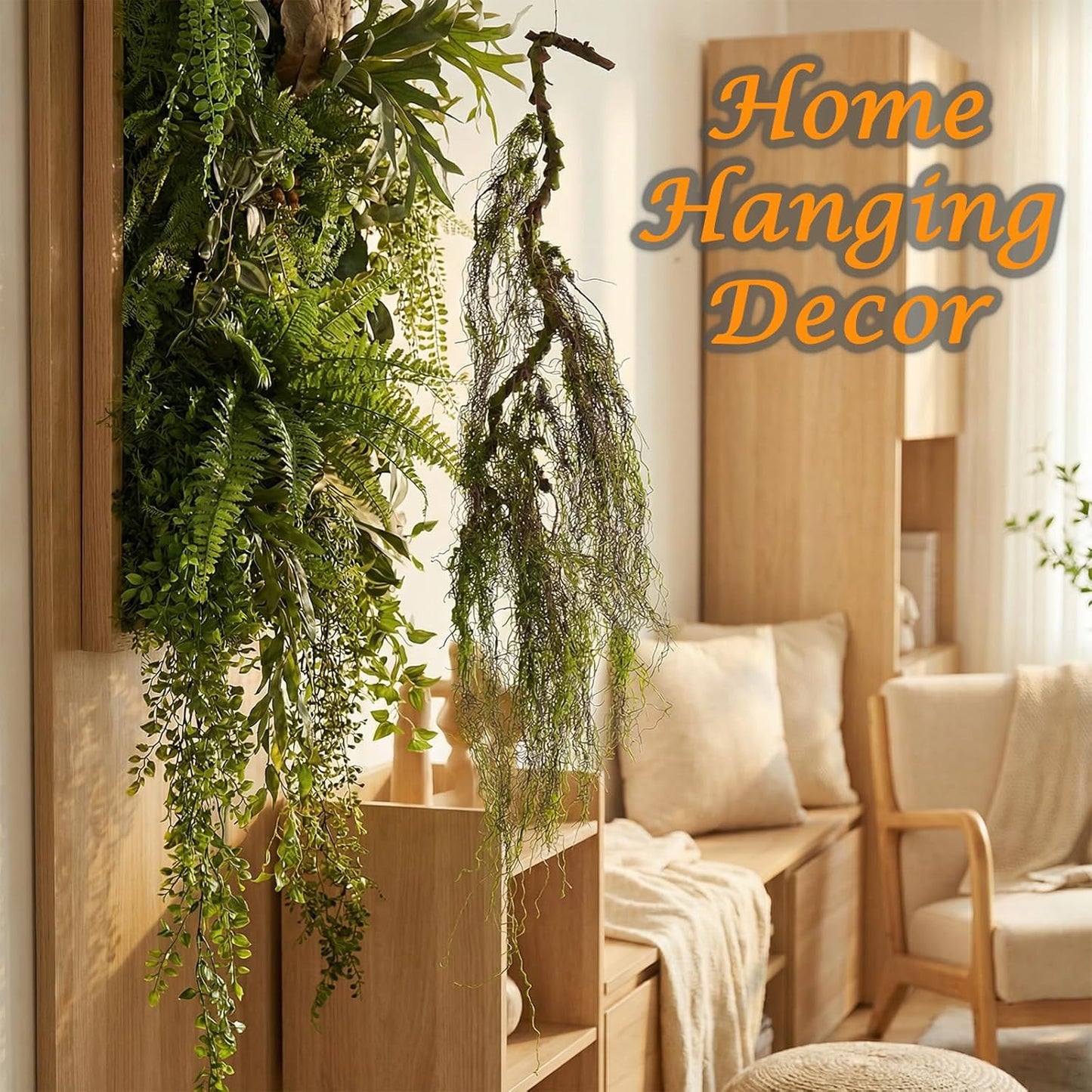 63inch Curly Faux Weeping Willow Tree Branches Hanging Moss Halloween Decor | Artificial Twisty Wood Curtain Spooky Fall Long Vine Green Twigs Garland For Wall Jungle Fireplace Patio Porch Decoration