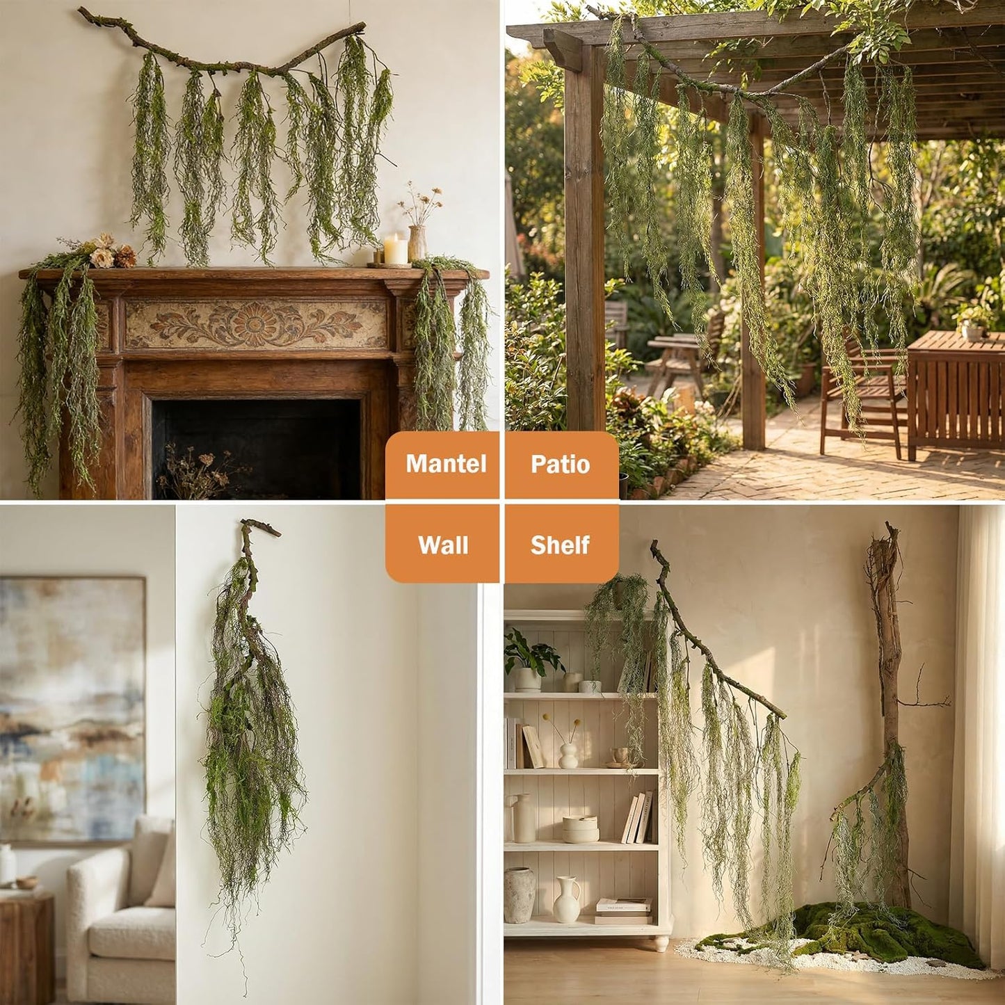 63inch Curly Faux Weeping Willow Tree Branches Hanging Moss Halloween Decor | Artificial Twisty Wood Curtain Spooky Fall Long Vine Green Twigs Garland For Wall Jungle Fireplace Patio Porch Decoration
