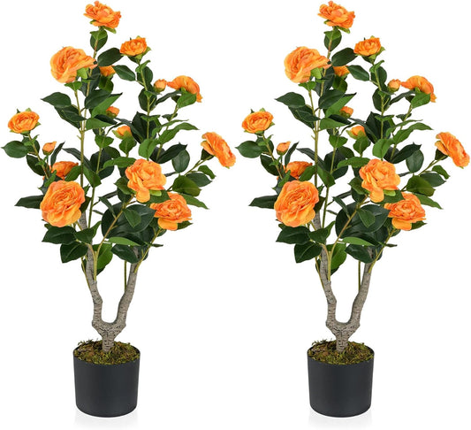 3FT Artificial Camellia Tree, 2 Pack Faux Camellia Plant with Orange Flowers, Solid Wood Trunk, Realistic Moss, Greenery Potted Decoration Tree for Indoor Outdoor Home Porch Front Door
