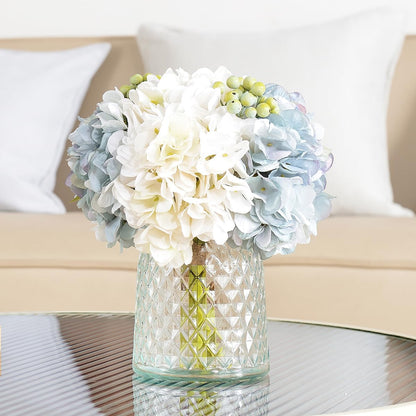 Hydrangeas Floral Arrangement in Glass Vase; Fake Flowers Blue