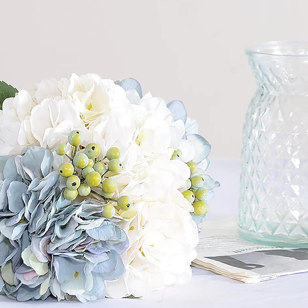 Hydrangeas Floral Arrangement in Glass Vase; Fake Flowers Blue