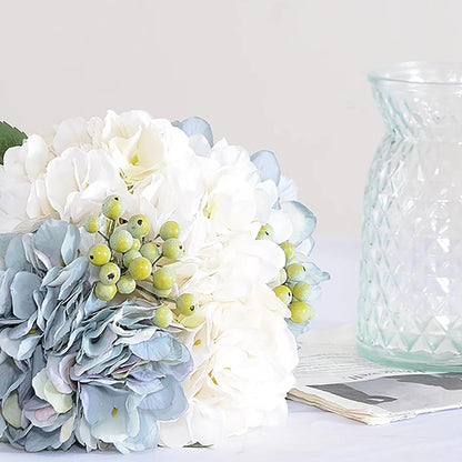 Hydrangeas Floral Arrangement in Glass Vase; Fake Flowers Blue