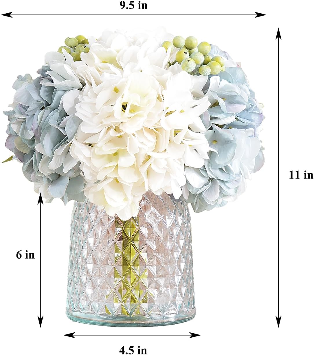 Hydrangeas Floral Arrangement in Glass Vase; Fake Flowers Blue