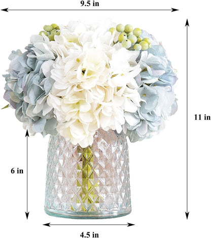 Hydrangeas Floral Arrangement in Glass Vase; Fake Flowers Blue
