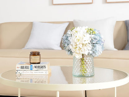 Hydrangeas Floral Arrangement in Glass Vase; Fake Flowers Blue