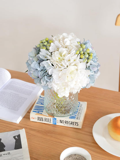 Hydrangeas Floral Arrangement in Glass Vase; Fake Flowers Blue
