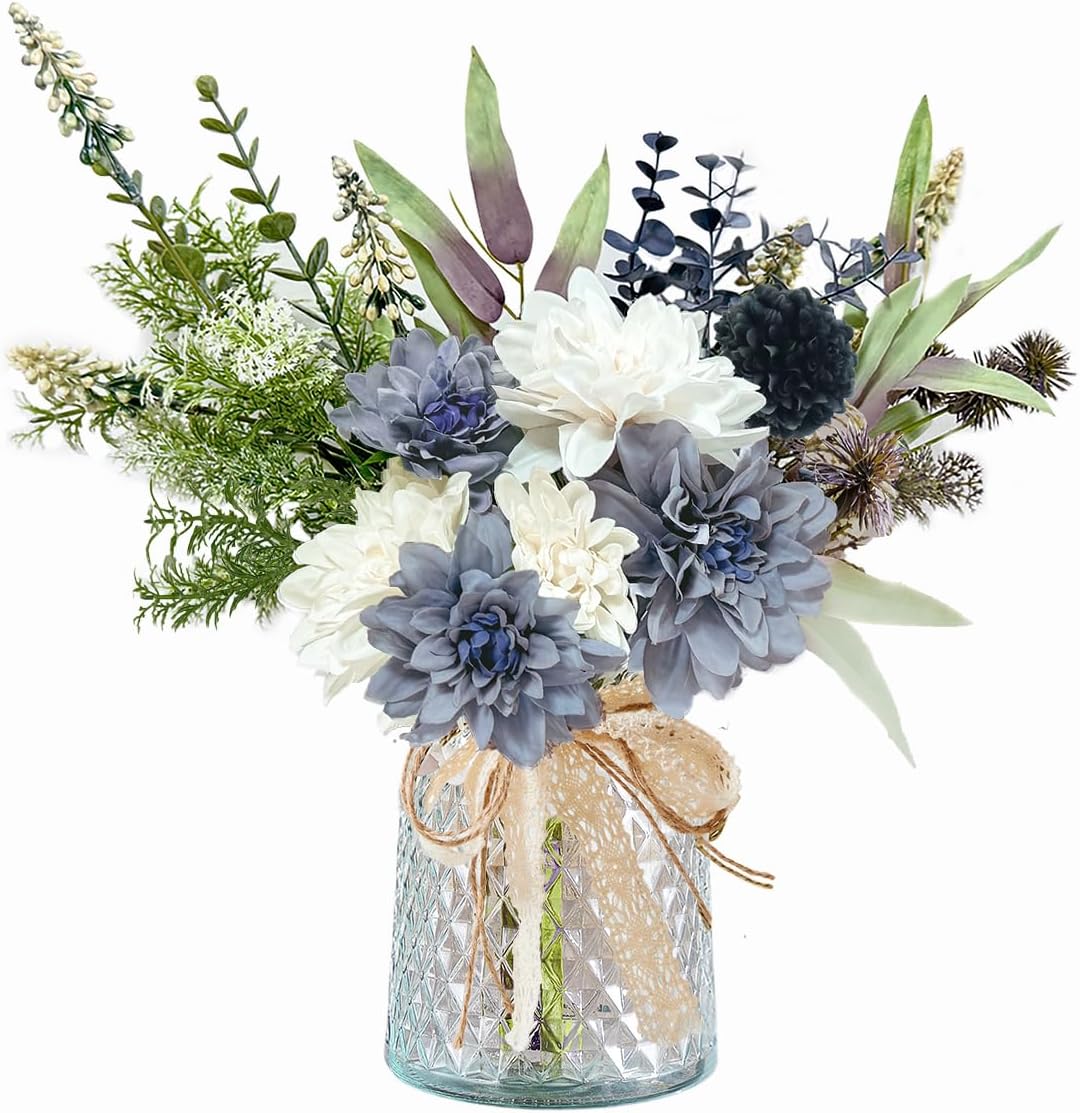 Hydrangeas Floral Arrangement in Glass Vase; Fake Flowers Blue