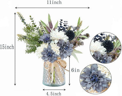Hydrangeas Floral Arrangement in Glass Vase; Fake Flowers Blue