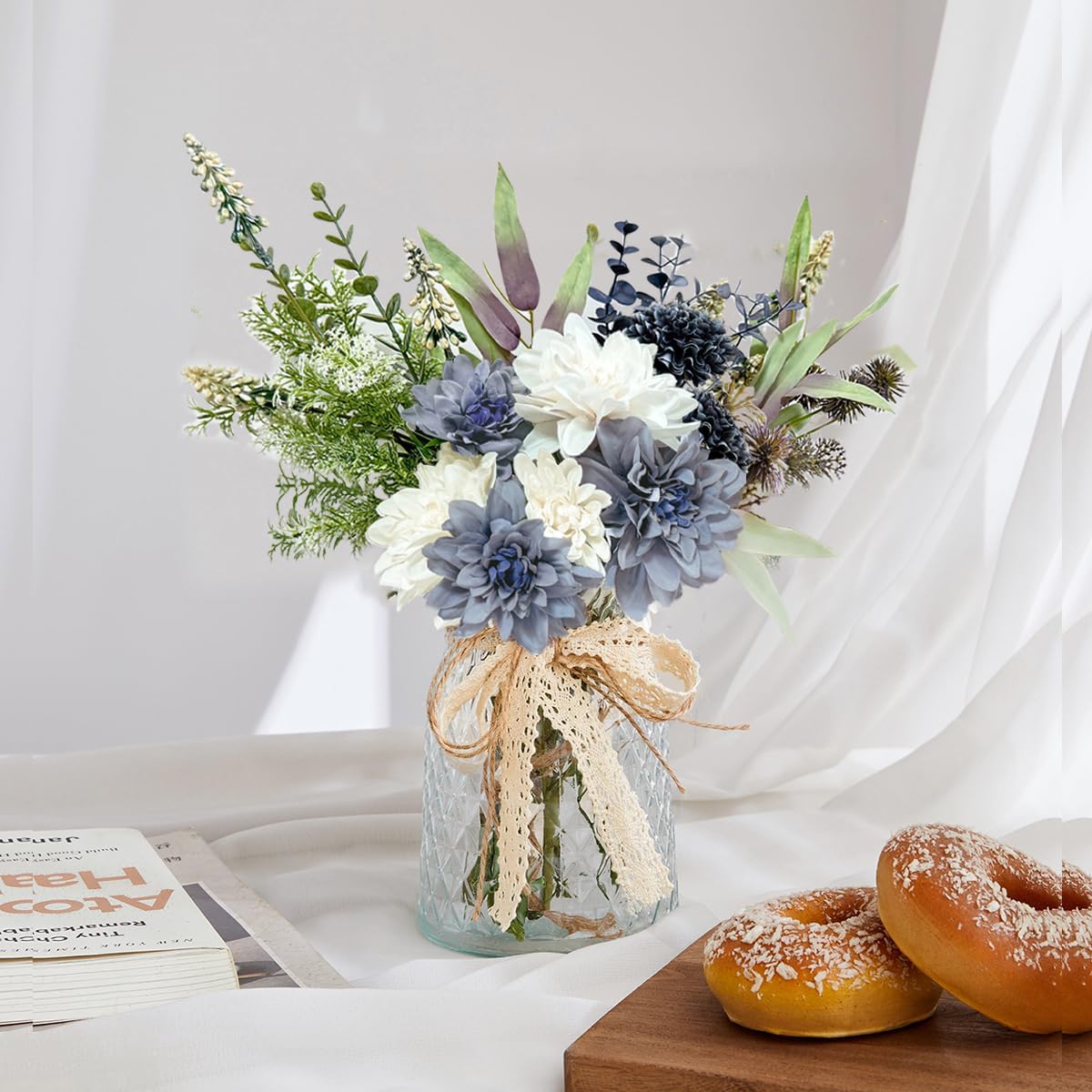 Hydrangeas Floral Arrangement in Glass Vase; Fake Flowers Blue
