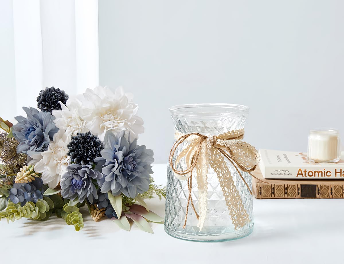 Hydrangeas Floral Arrangement in Glass Vase; Fake Flowers Blue
