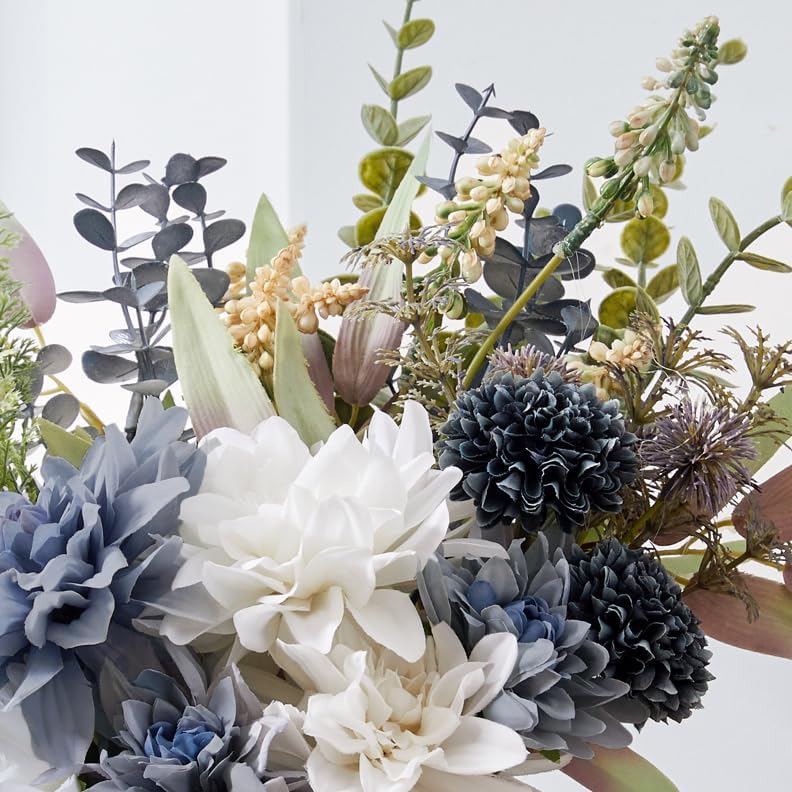 Hydrangeas Floral Arrangement in Glass Vase; Fake Flowers Blue