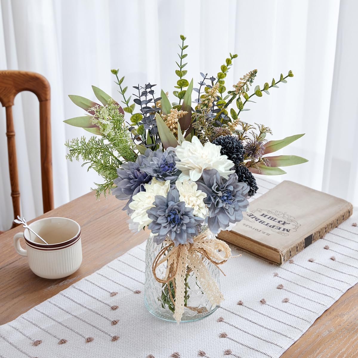 Hydrangeas Floral Arrangement in Glass Vase; Fake Flowers Blue
