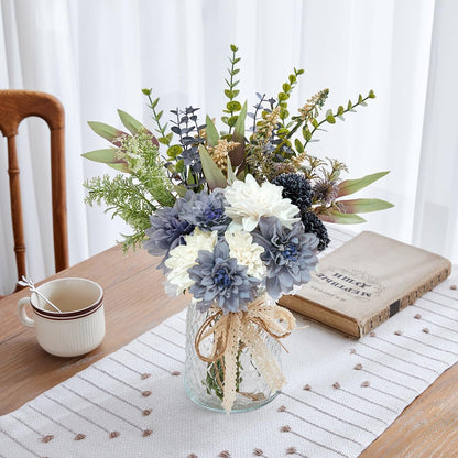 Hydrangeas Floral Arrangement in Glass Vase; Fake Flowers Blue