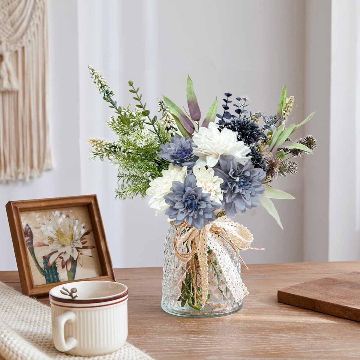 Hydrangeas Floral Arrangement in Glass Vase; Fake Flowers Blue