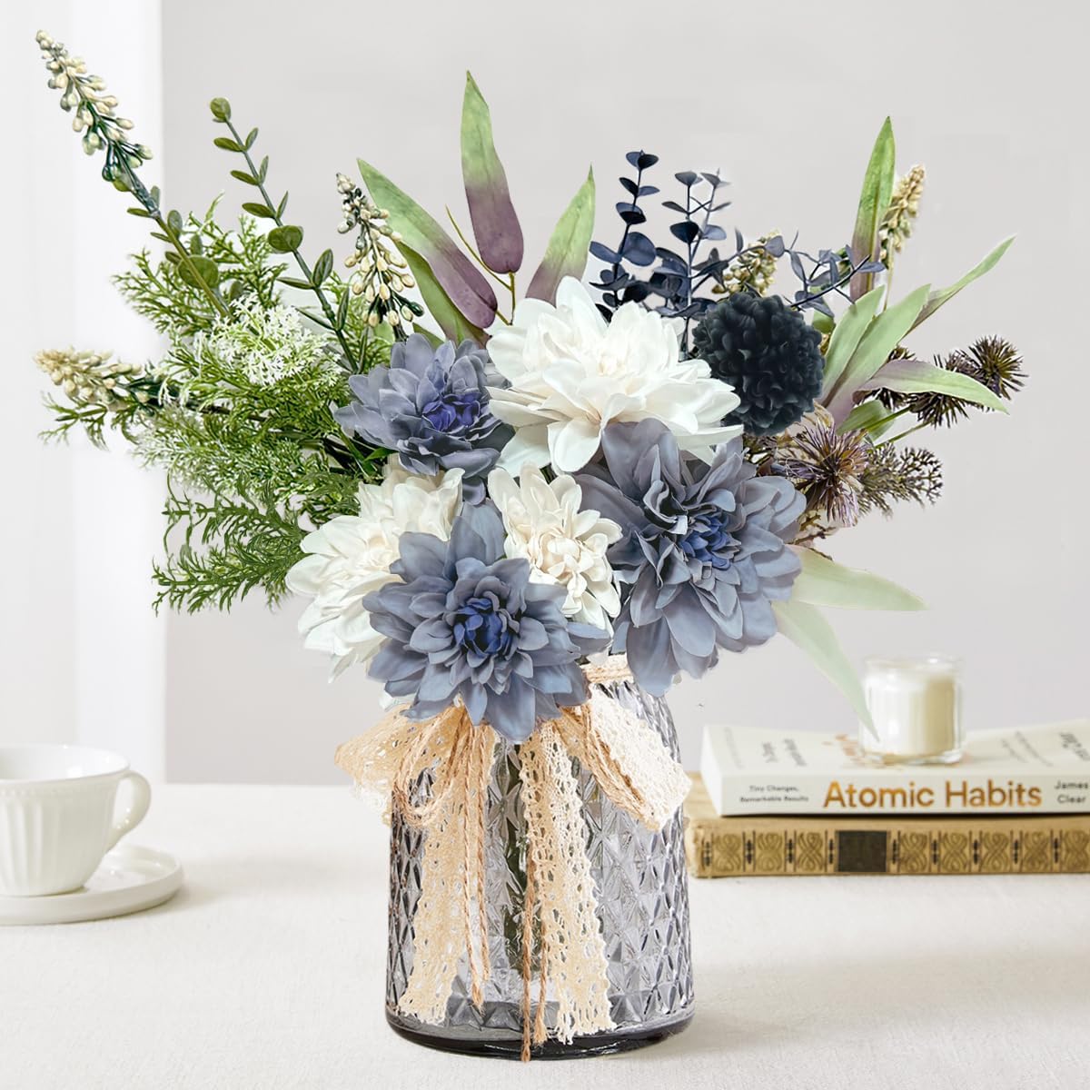Hydrangeas Floral Arrangement in Glass Vase; Fake Flowers Blue