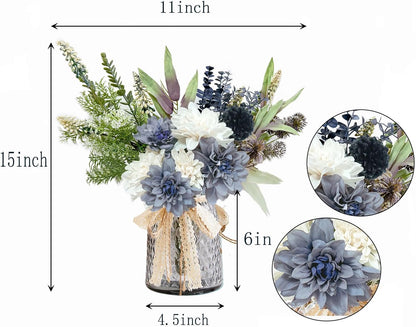 Hydrangeas Floral Arrangement in Glass Vase; Fake Flowers Blue