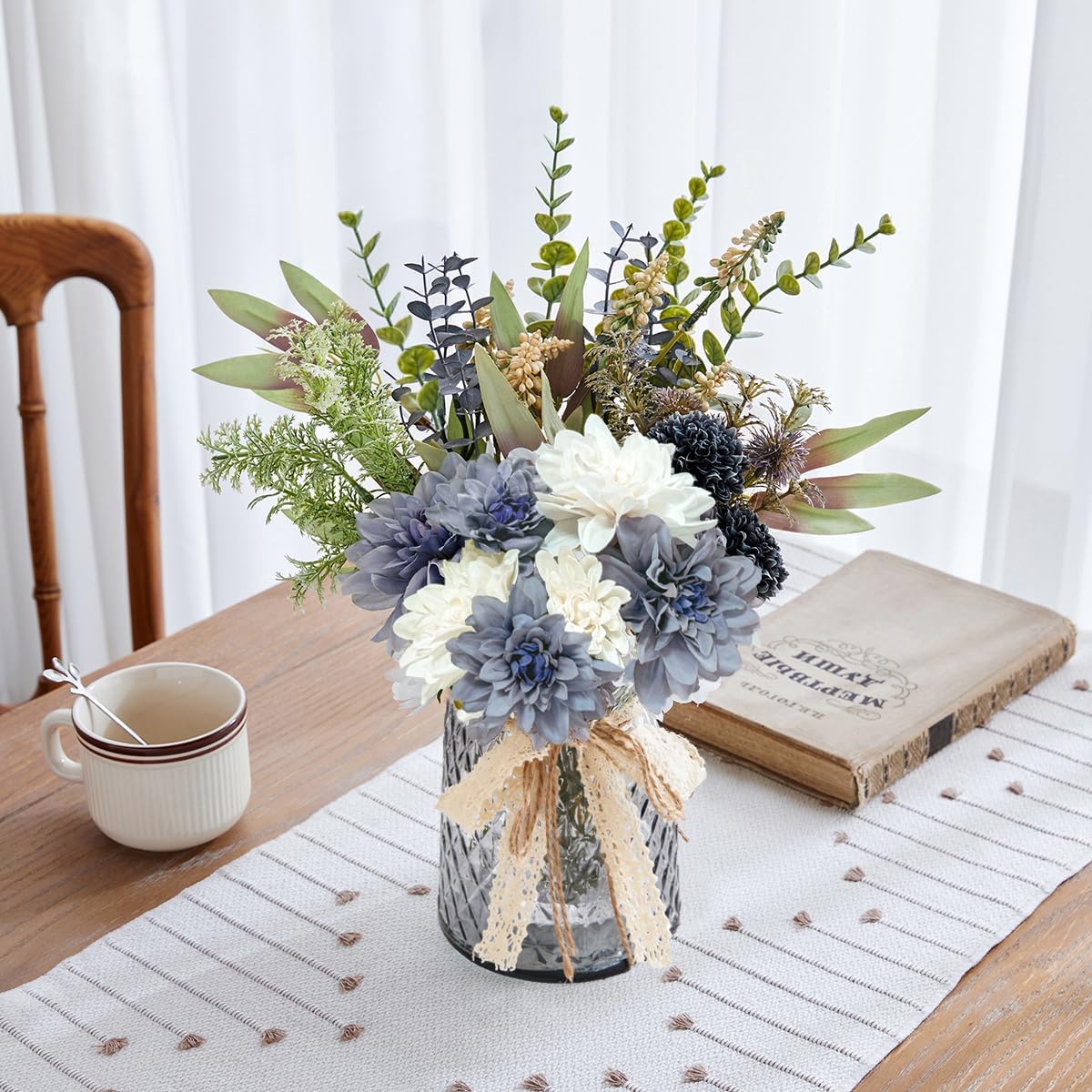 Hydrangeas Floral Arrangement in Glass Vase; Fake Flowers Blue