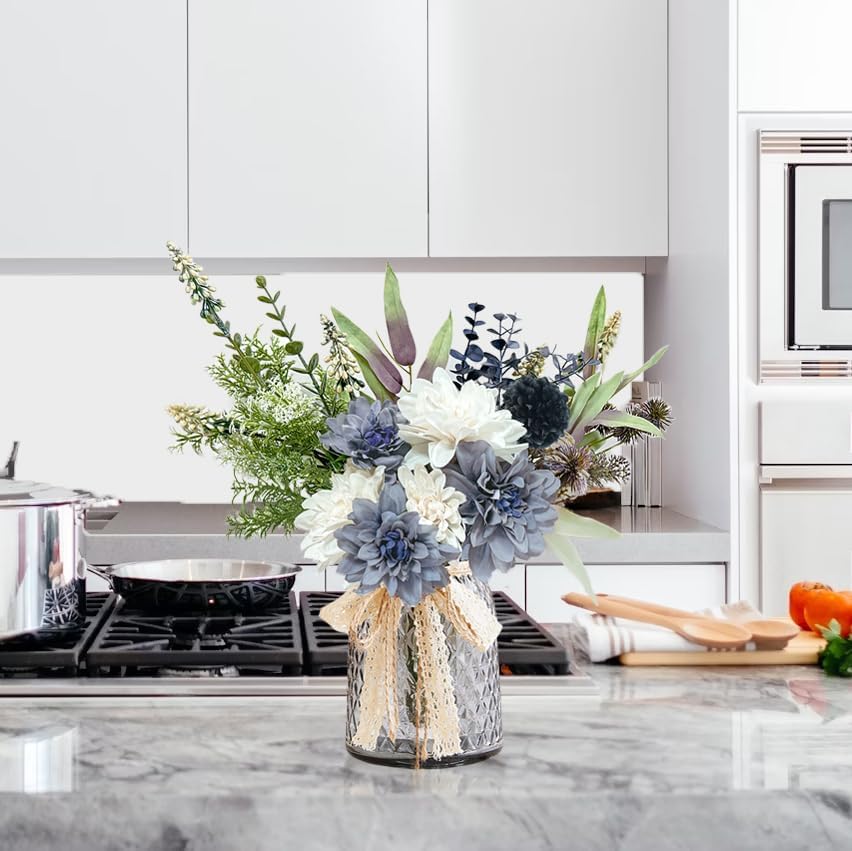 Hydrangeas Floral Arrangement in Glass Vase; Fake Flowers Blue