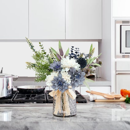 Hydrangeas Floral Arrangement in Glass Vase; Fake Flowers Blue