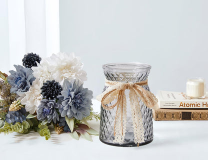 Hydrangeas Floral Arrangement in Glass Vase; Fake Flowers Blue