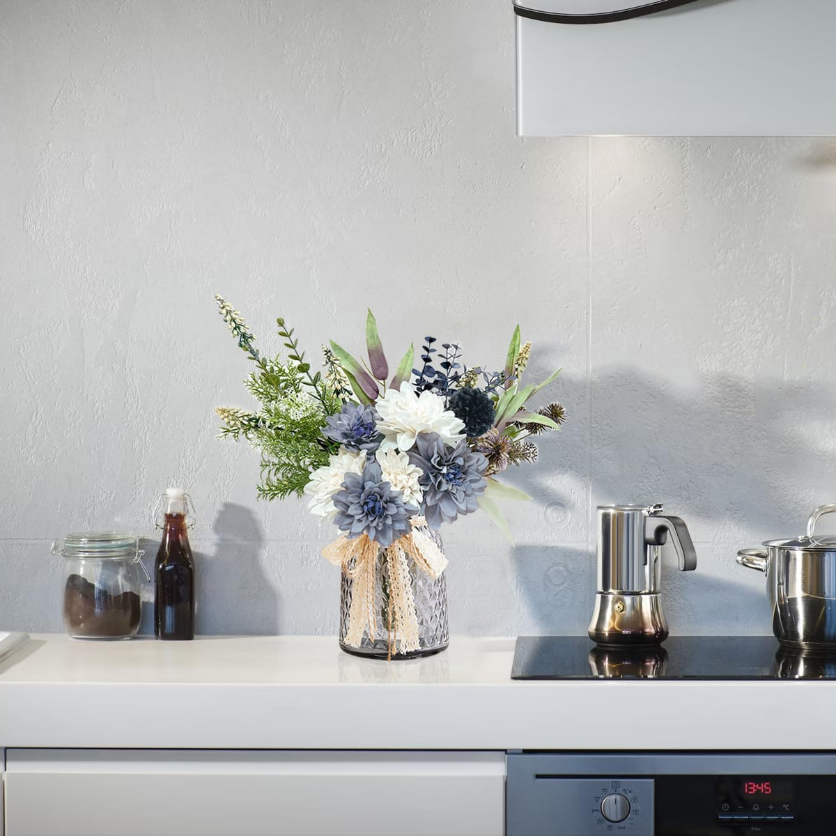 Hydrangeas Floral Arrangement in Glass Vase; Fake Flowers Blue