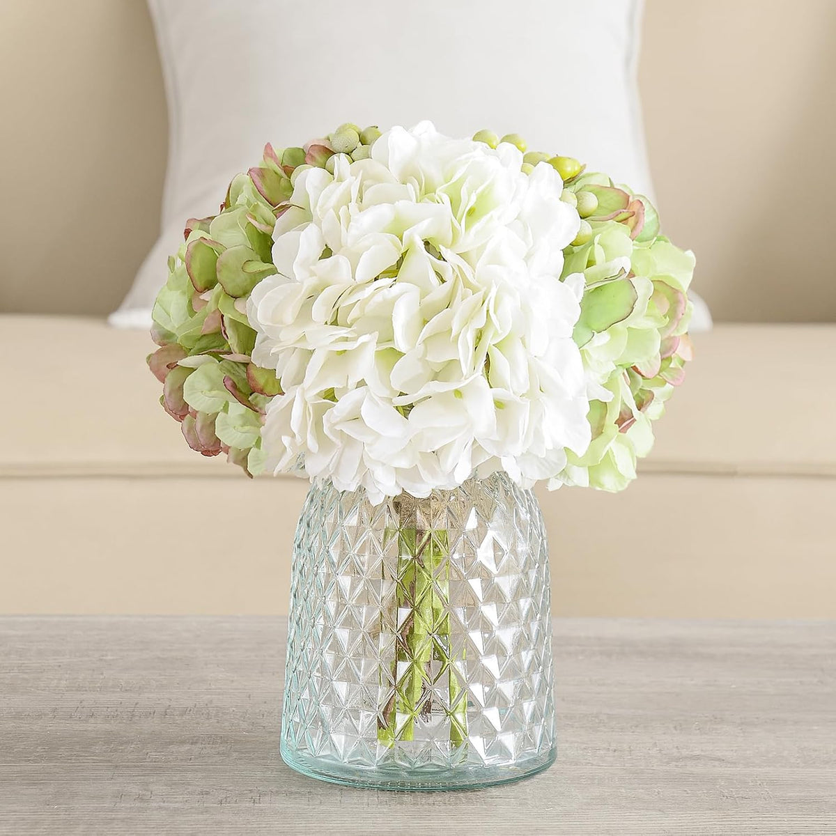 Hydrangeas Floral Arrangement in Glass Vase; Fake Flowers Blue