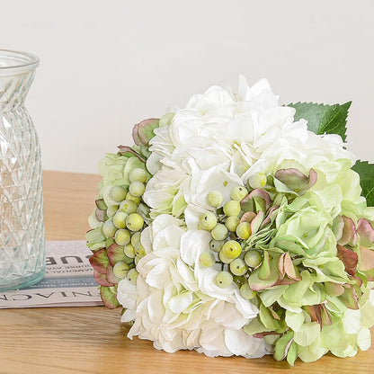 Hydrangeas Floral Arrangement in Glass Vase; Fake Flowers Blue