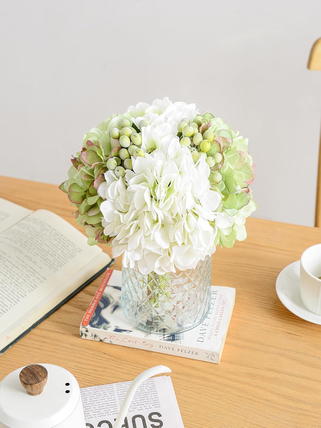 Hydrangeas Floral Arrangement in Glass Vase; Fake Flowers Blue