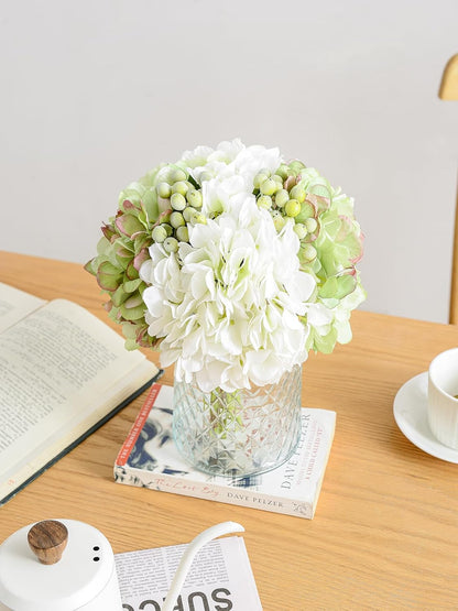 Hydrangeas Floral Arrangement in Glass Vase; Fake Flowers Blue