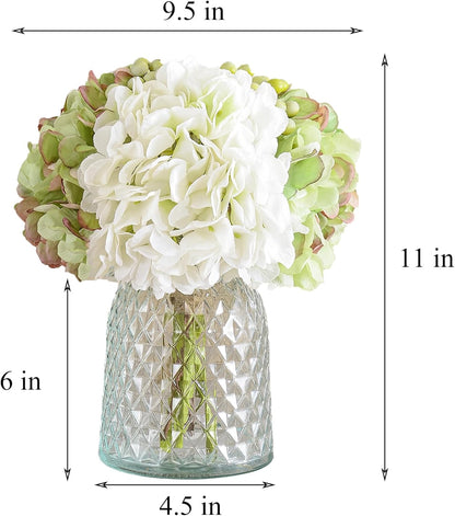 Hydrangeas Floral Arrangement in Glass Vase; Fake Flowers Blue