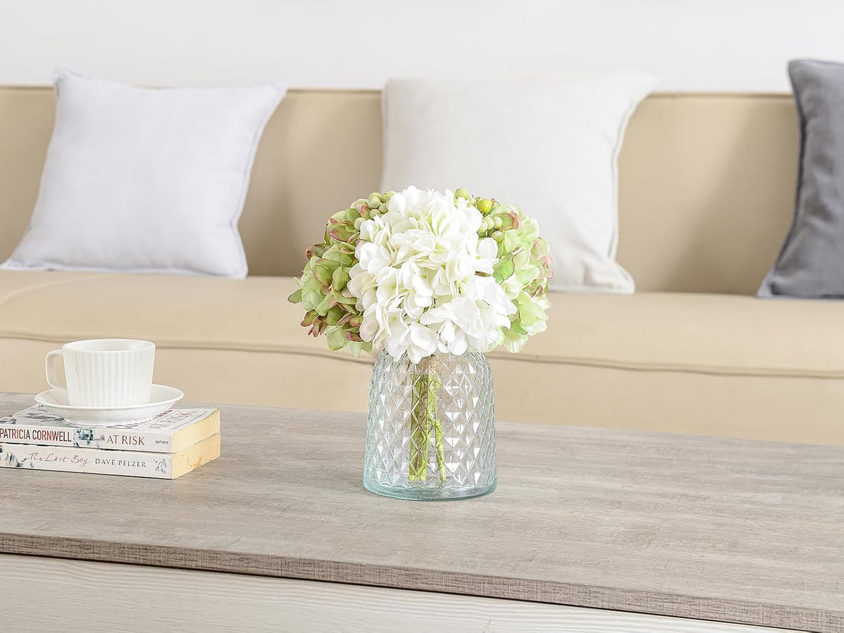Hydrangeas Floral Arrangement in Glass Vase; Fake Flowers Blue