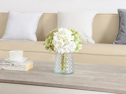 Hydrangeas Floral Arrangement in Glass Vase; Fake Flowers Blue