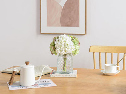 Hydrangeas Floral Arrangement in Glass Vase; Fake Flowers Blue