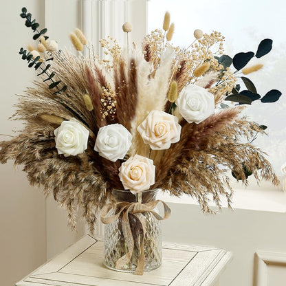 Hydrangeas Floral Arrangement in Glass Vase; Fake Flowers Blue