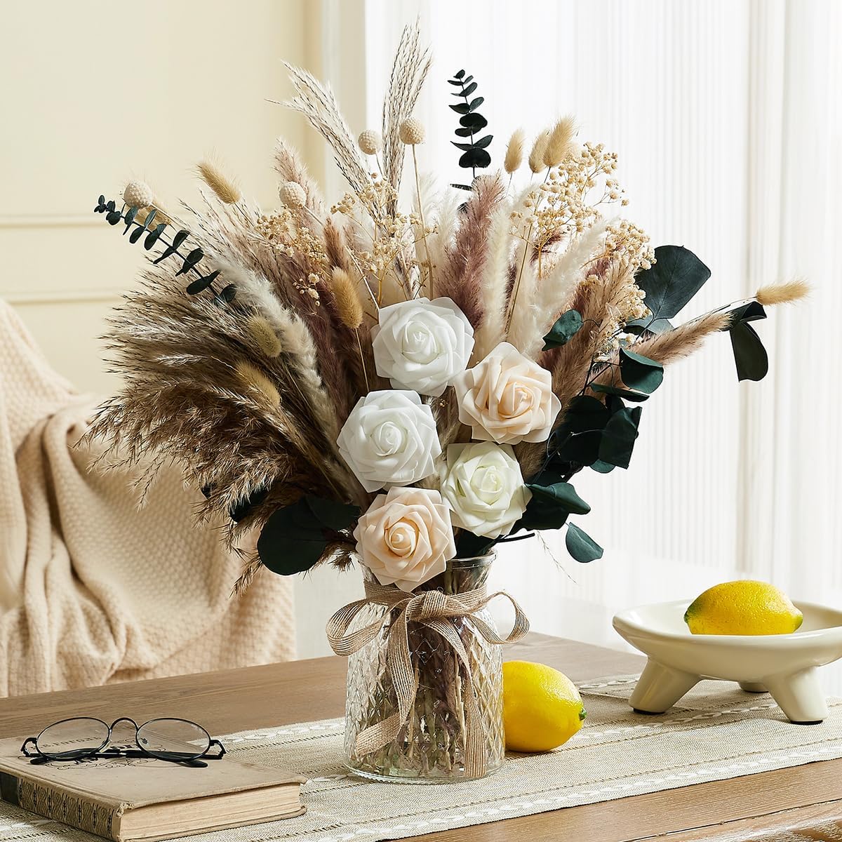 Hydrangeas Floral Arrangement in Glass Vase; Fake Flowers Blue