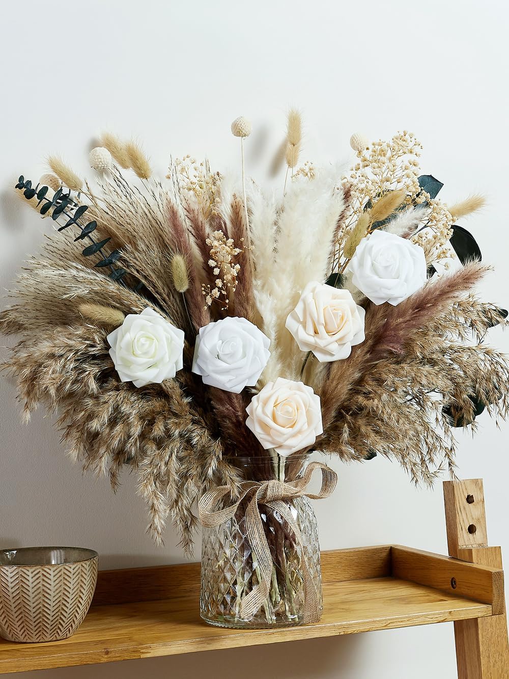 Hydrangeas Floral Arrangement in Glass Vase; Fake Flowers Blue