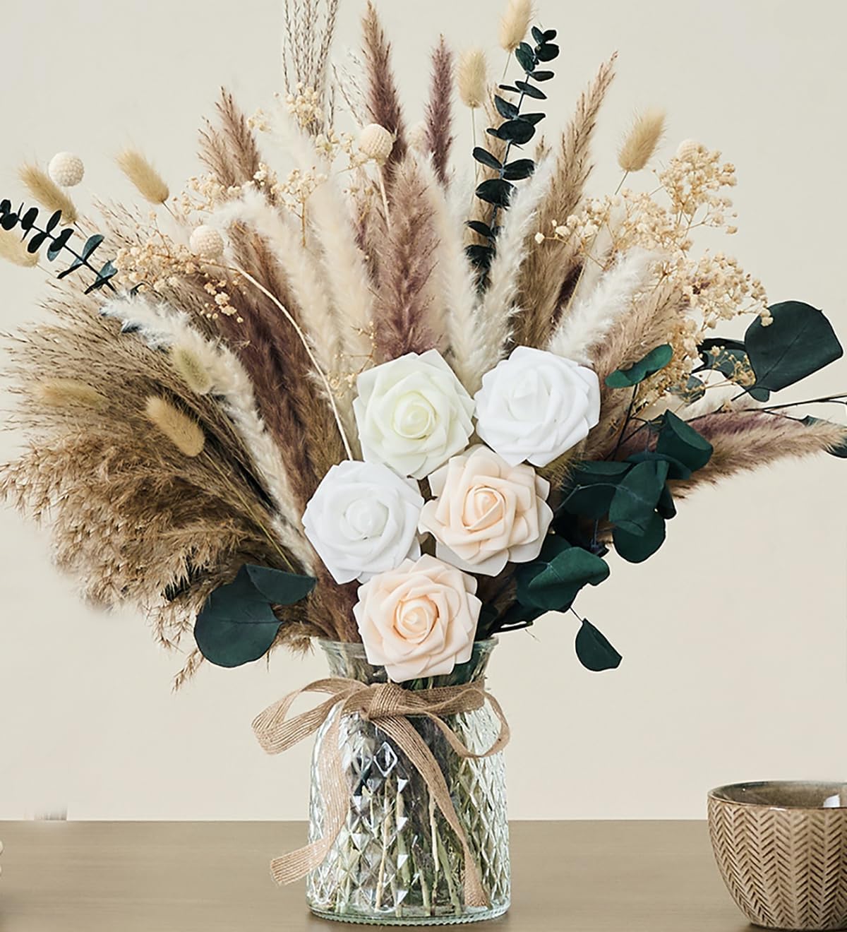 Hydrangeas Floral Arrangement in Glass Vase; Fake Flowers Blue