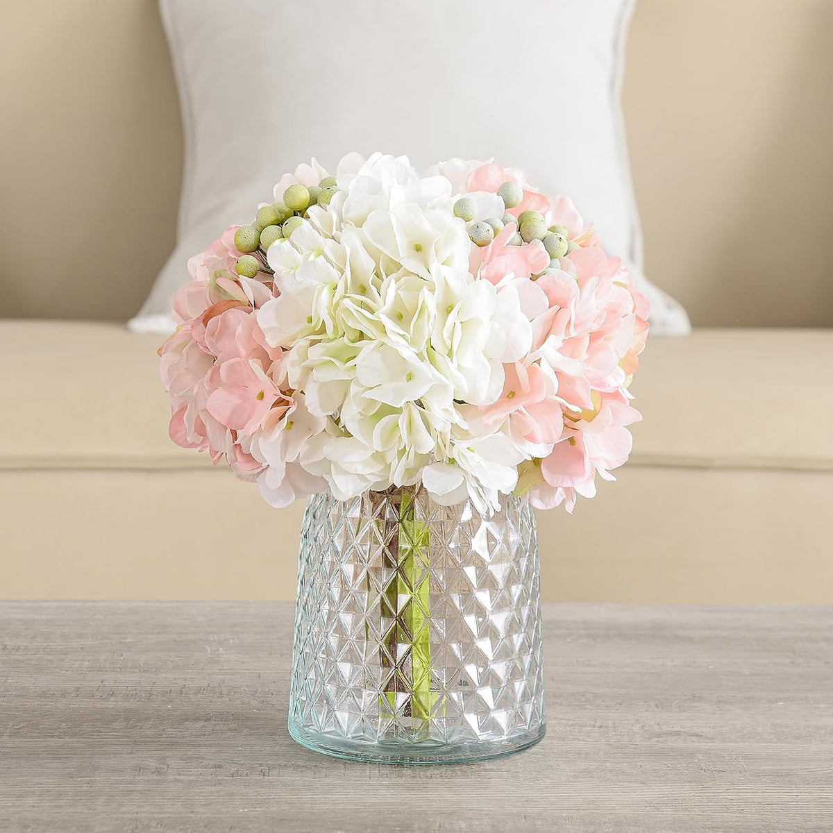 Hydrangeas Floral Arrangement in Glass Vase; Fake Flowers Blue