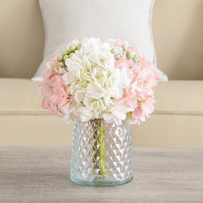 Hydrangeas Floral Arrangement in Glass Vase; Fake Flowers Blue